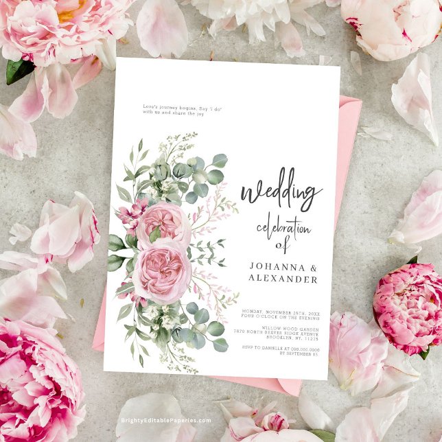 Chic Pink Rose Peony Floral Elegance Wedding Invitation (Creator Uploaded)