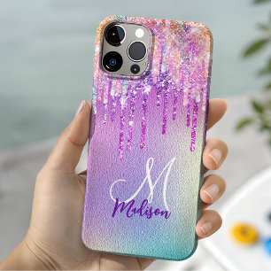 Chic pink rose unicorn dripping glitter monogram Case-Mate iPhone 14 case
