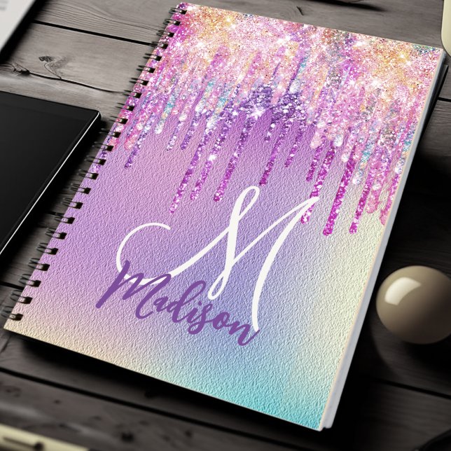 Chic pink rose unicorn dripping glitter monogram notebook (Creator Uploaded)