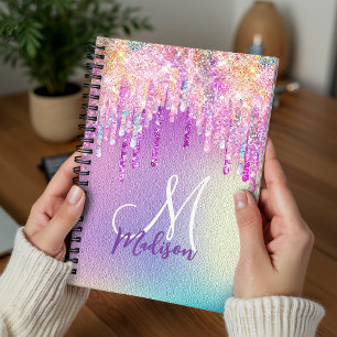 Chic pink rose unicorn dripping glitter monogram planner