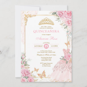 Chic Pink Roses Crown Princess Dress Quinceañera I Invitation