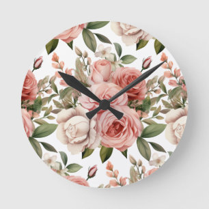 Chic Pink Roses Flowers Floral Clock