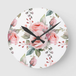 Chic Pink Roses Flowers Floral Clock