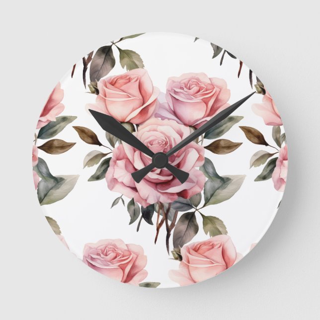 Chic Pink Roses Flowers Floral Clock (Front)