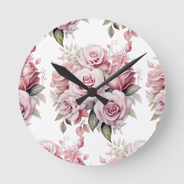 Chic Pink Roses Flowers Floral Clock (Front)