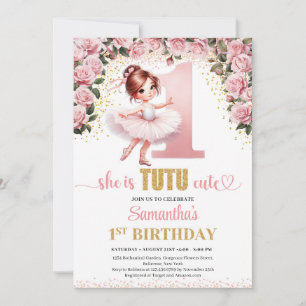 Chic pink roses gold ballerina girl 1st birthday invitation