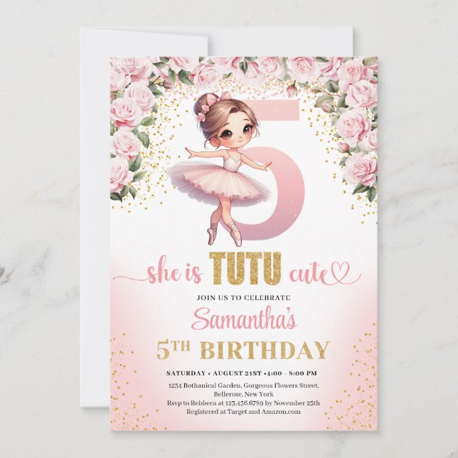 Chic pink roses gold ballerina girl 5th birthday invitation (Front)