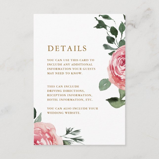 Chic Pink Roses Guest Information Enclosure Card (Front)