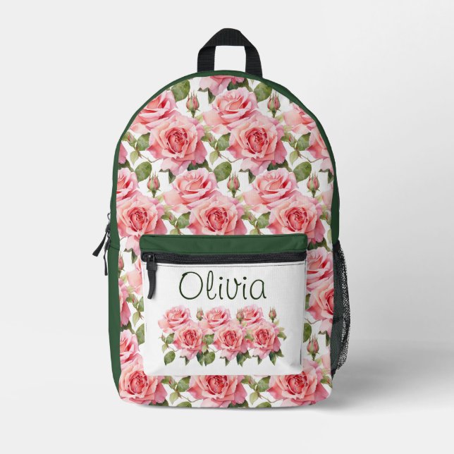 Chic Pink Roses Printed Backpack (Front)