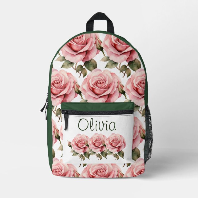 Chic Pink Roses Printed Backpack (Front)