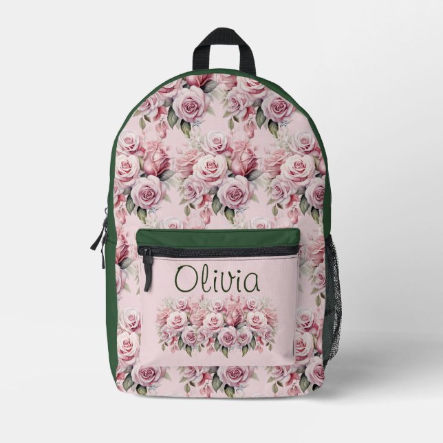 Chic Pink Roses Printed Backpack (Front)