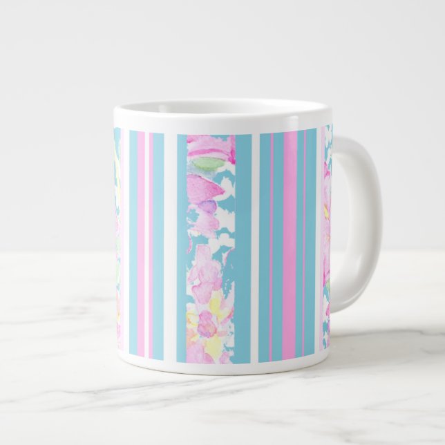 Chic Pink Roses, Turquoise Stripes: Big Coffee Mug (Front Right)