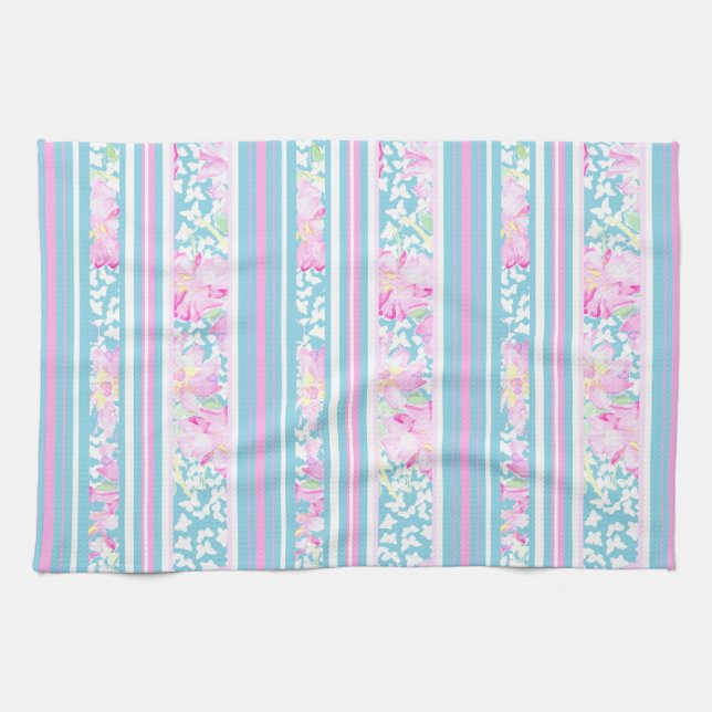Chic Pink Roses, Turquoise Stripes: Kitchen Towel (Horizontal)