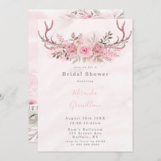 Chic Pink Sage Peony Deer Antlers Bridal Shower Invitation (Front/Back)