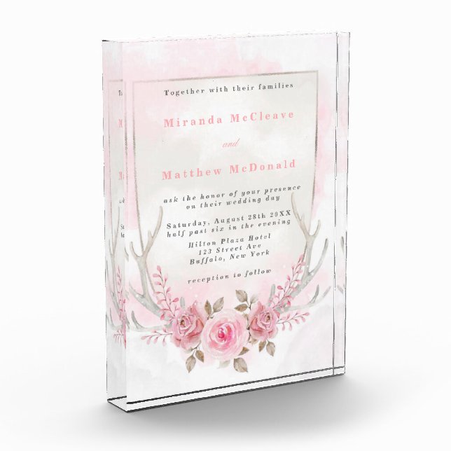 Chic Pink Sage Peony Deer Antlers Wedding Invite Photo Block (Left)
