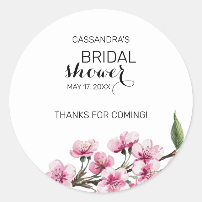 Chic Pink Sakura Floral Bridal Shower Thank You Classic Round Sticker (Front)