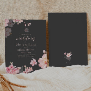 Chic Pink Sakura Flowers on Dark Gray Invitation