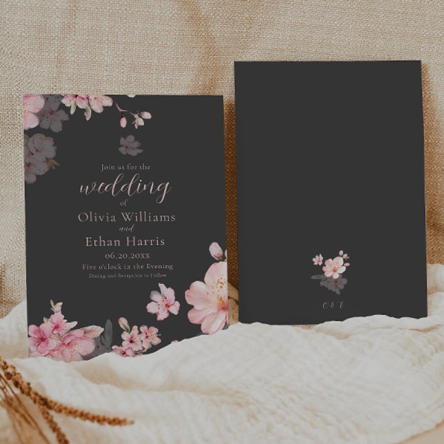 Chic Pink Sakura Flowers on Gray Invitation (Creator Uploaded)