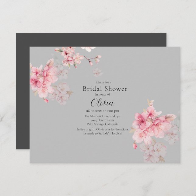Chic Pink Sakura Flowers on Grey Bridal Shower Invitation (Front/Back)