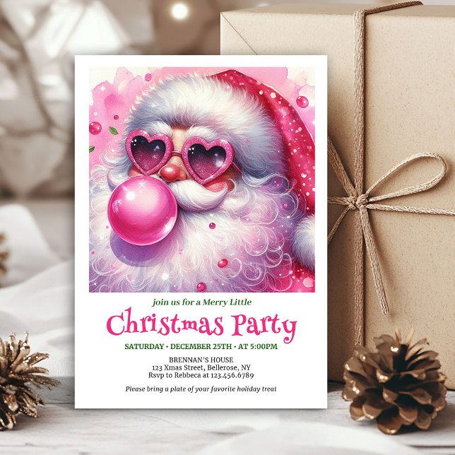 Chic pink santa bubble gum watercolor Christmas  Invitation (Chic pink santa bubble gum watercolor Christmas invite)