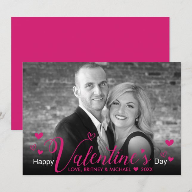 Chic Pink Script Hearts Modern Black White Photo (Front/Back)