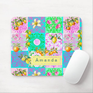 Chic pink sicilian citrus collage floral tiles mouse pad
