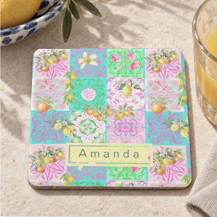 Chic pink sicilian citrus collage floral tiles stone coaster