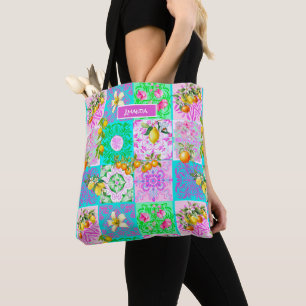 Chic pink sicilian citrus collage floral tiles tote bag