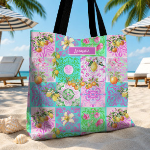 Chic pink sicilian citrus collage floral tiles tote bag