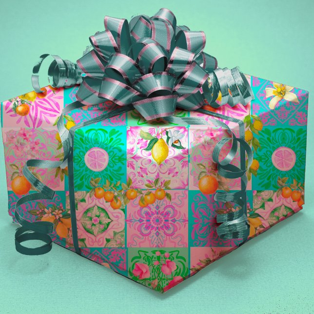 Chic pink sicilian citrus collage floral tiles wrapping paper (Creator Uploaded)