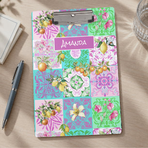 Chic Pink Sicilian Citrus Floral Ceramic Tiles Clipboard