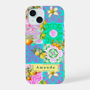 Chic Pink Sicilian Citrus Floral Tile Collage iPhone 15 Case