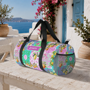 Chic Pink Sicilian Citrus Floral Tiles Duffle Bag
