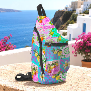 Chic Pink Sicilian Citrus Floral Tiles Gift Sling Bag