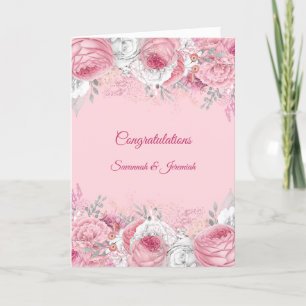 Chic Pink Silver Floral Congratulations Wedding Card