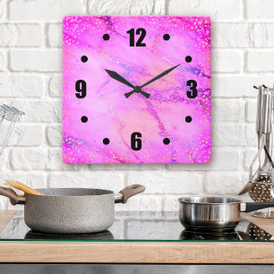 Chic pink simple modern glam marble confetti dots square wall clock