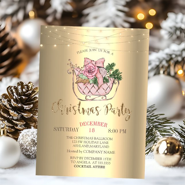 Chic Pink Sleigh,String Lights Gold Invitation (Creator Uploaded)