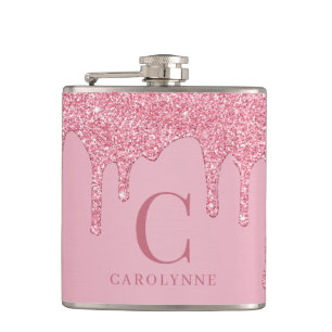 Chic Pink Sparkle Glitter Drips Monogram Hip Flask