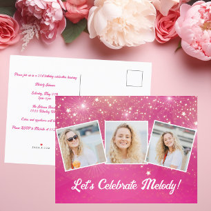 Chic Pink Sparkle Photo Collage Birthday Party Invitation Postcard
