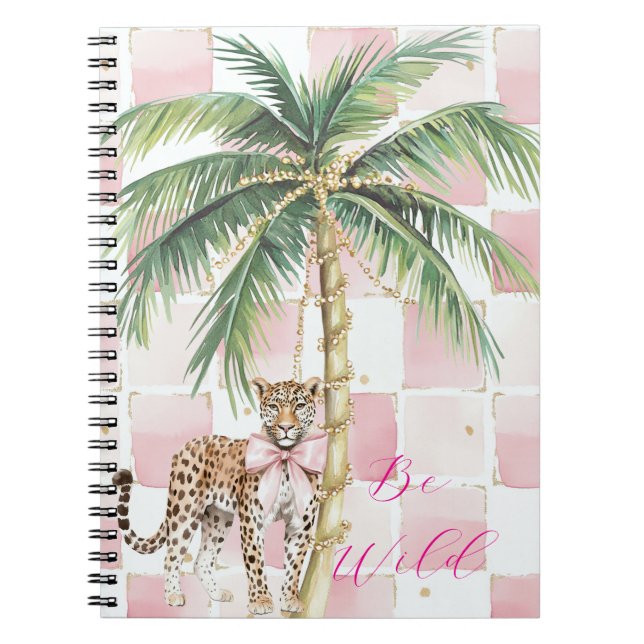 Chic Pink Squares Gold Palm Tree Leopard Notebook (Front)