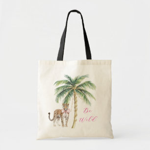 Chic Pink Squares Gold Palm Tree Leopard Tote Bag