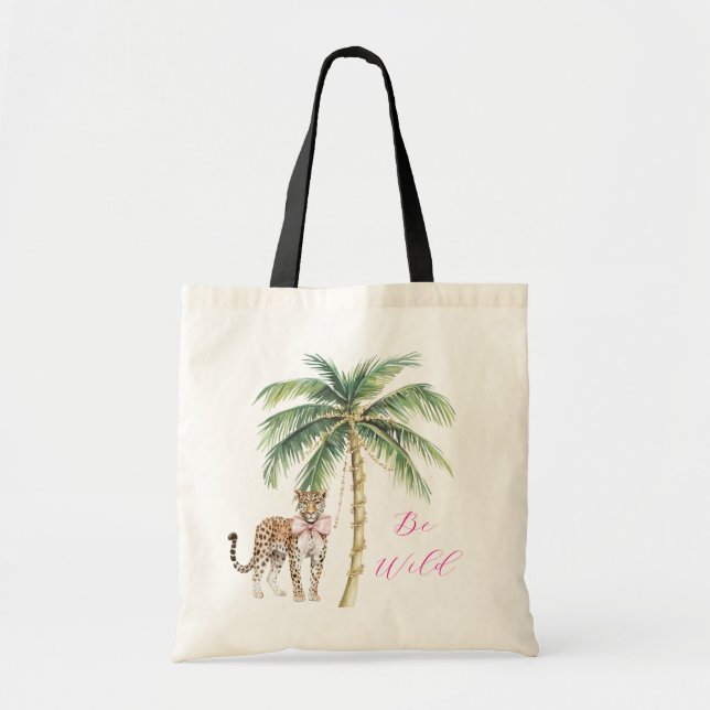 Chic Pink Squares Gold Palm Tree Leopard Tote Bag (Front)