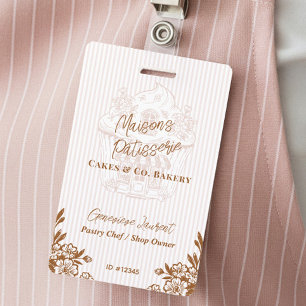 Chic Pink Stripe Cupcake Bakery Business Employee ID Badge
