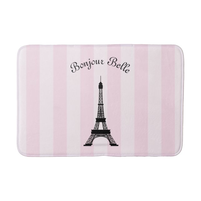 Chic Pink Stripe Paris Eiffel Tower in French Bath Mat (Front)
