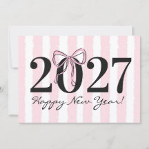 Chic Pink Striped Bow 2027 New Year Greeting Card
