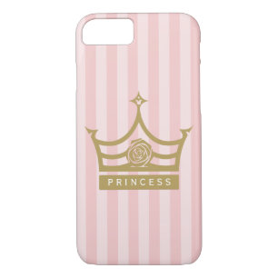 Chic Pink Stripes and Gold Rose Princess Crown iPhone 8/7 Case