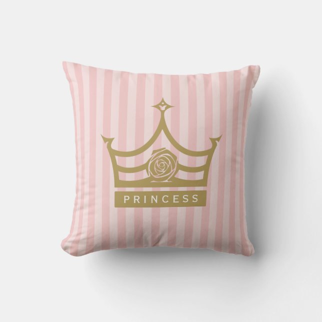 Chic Pink Stripes and Gold Rose Princess Crown Cushion (Front)