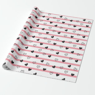 Chic Pink Stripes Black and White Hearts Wrapping Paper