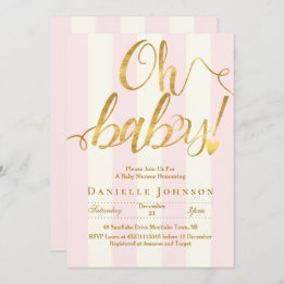 Chic pink stripes & gold foil baby shower invitation