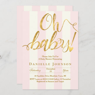 Chic pink stripes & gold foil baby shower invitation